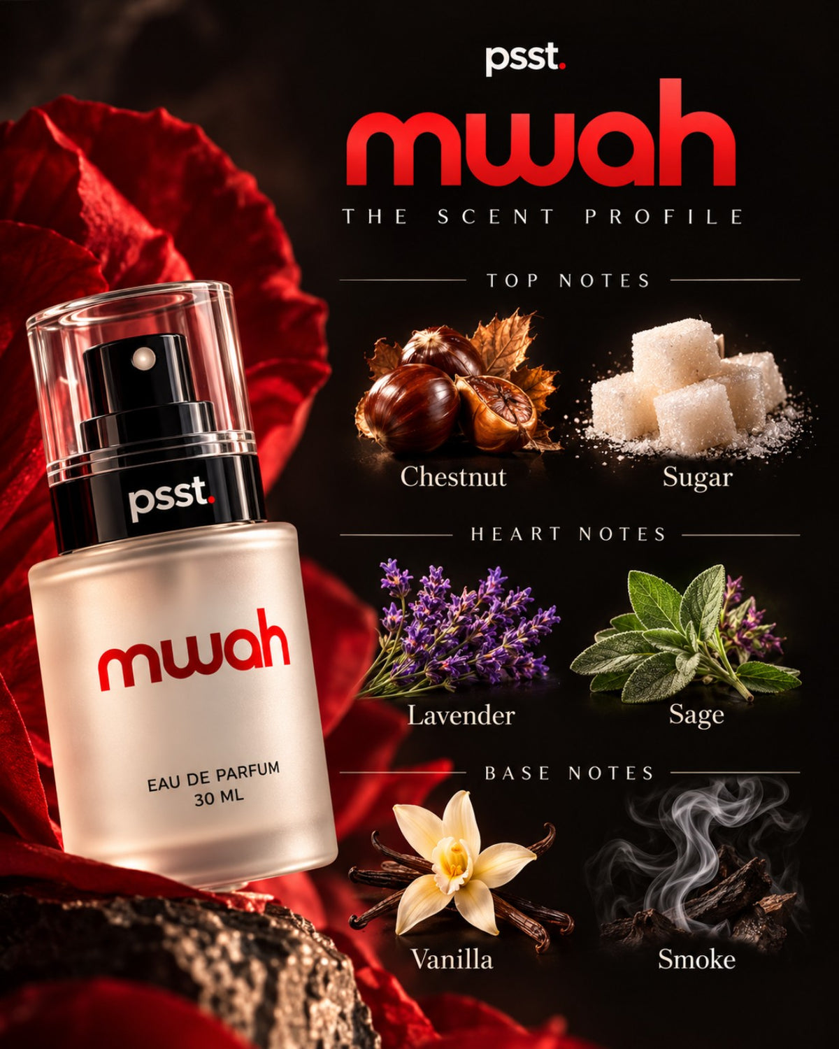PSST Mwah scent notes: chestnut, sugar, lavender, sage, vanilla and smoke