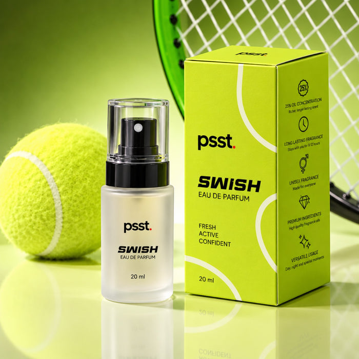 PSST SWISH 20 ml Eau de Parfum bottle with lime-green box