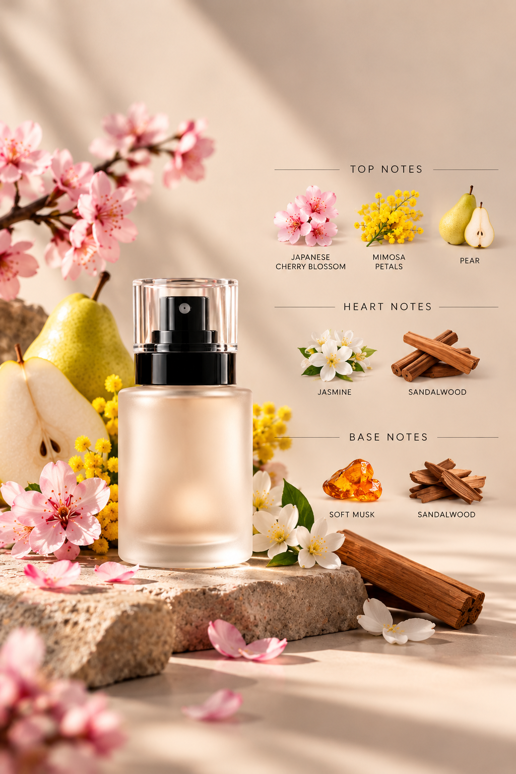 Japanese Blossom fragrance notes: cherry blossom, mimosa, pear, jasmine, sandalwood and soft musk